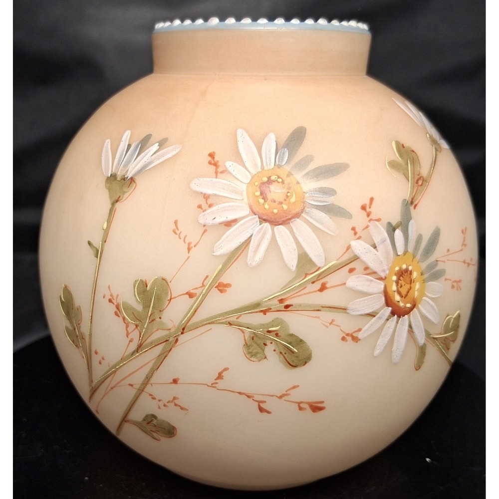 Antique Nippon Hand Painted Satin Glass Daisy Vase Red Lion Mark Peach 4.5 inch